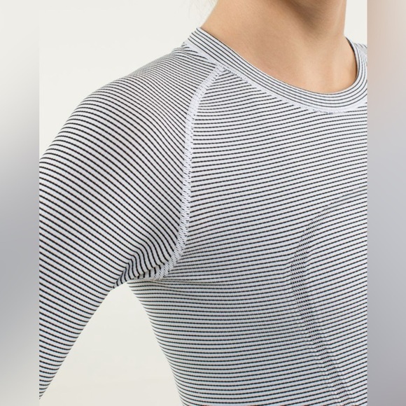 Lululemon Swiftly Tech Long Sleeve Crew Neck Shirt Black White Stripe - Picture 3 of 16